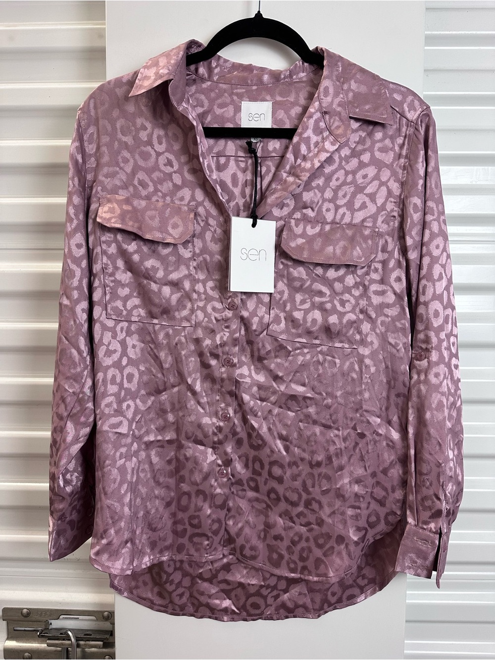 SEN Mauve Leopard Satin Button-Down Shirt